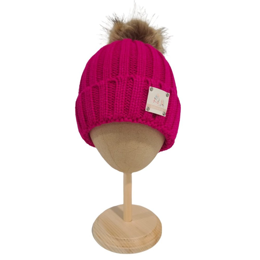 Hunter Knit Beanie With Faux Fur Pom Pom, Pink